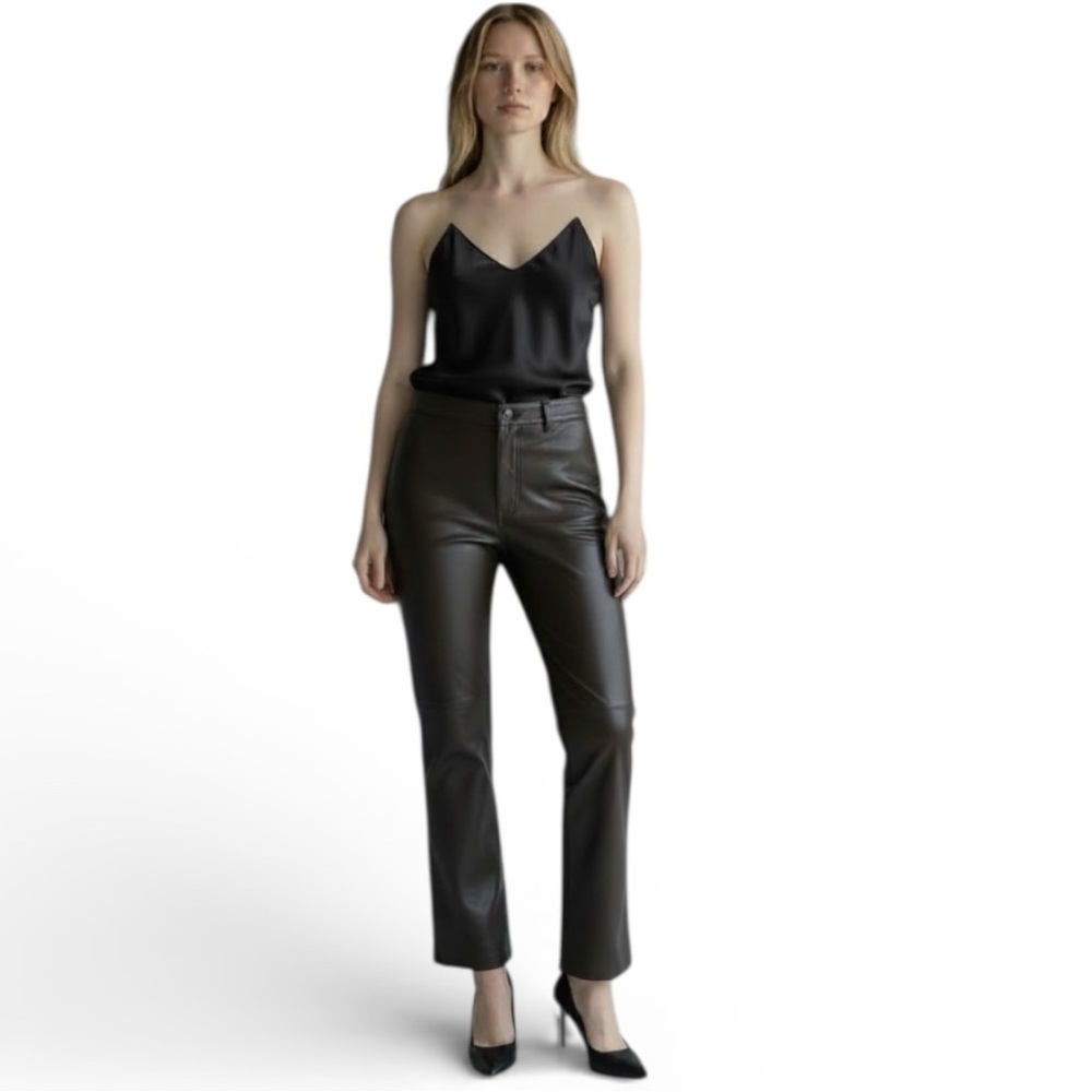 Badgley‎ Mischka Chocolate Brown Faux Leather Straight Leg Crop Pant Size Small
